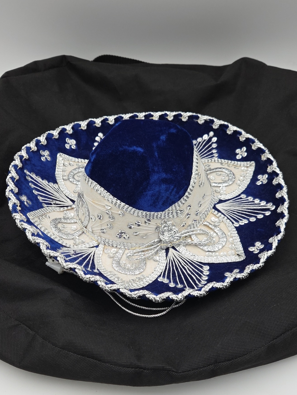 Blue Velvet Embroidered Mini Sombrero Hat with Silver Accents